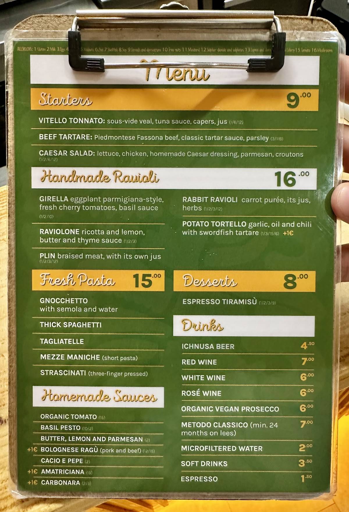 Menu di PLIN Pastificio con Cucina 