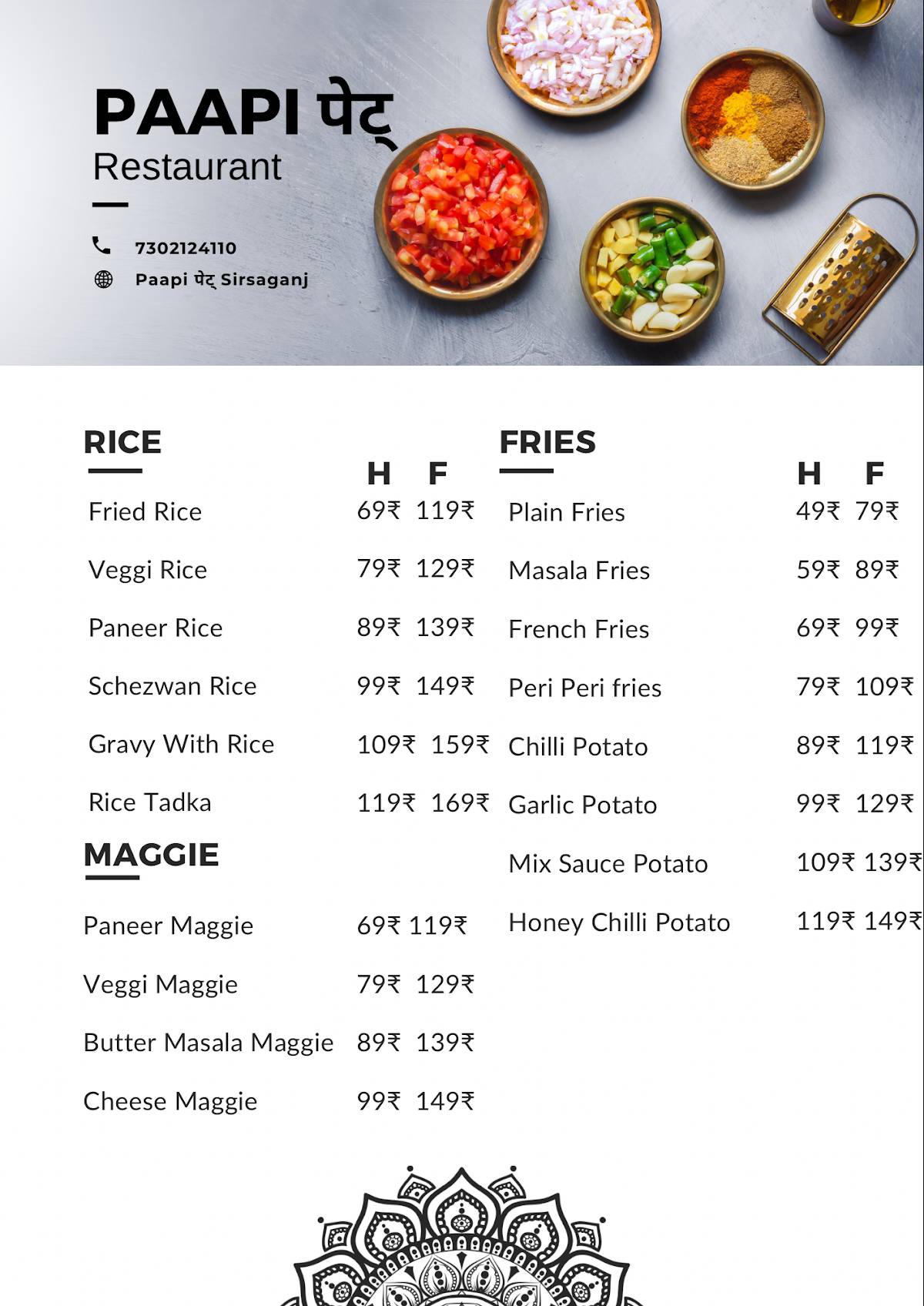 Paapi पेट् Restaurant ( restaurant in Sirsaganj ) menu