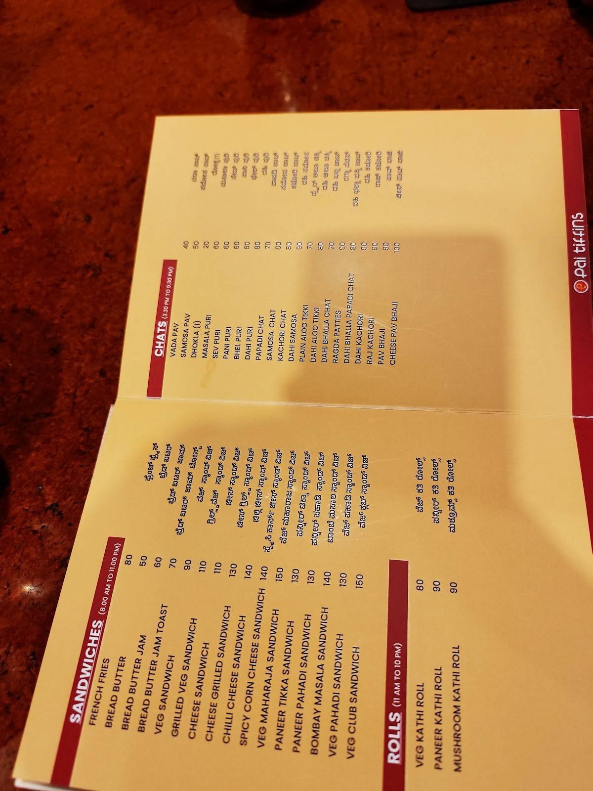 Pai Tiffins menu