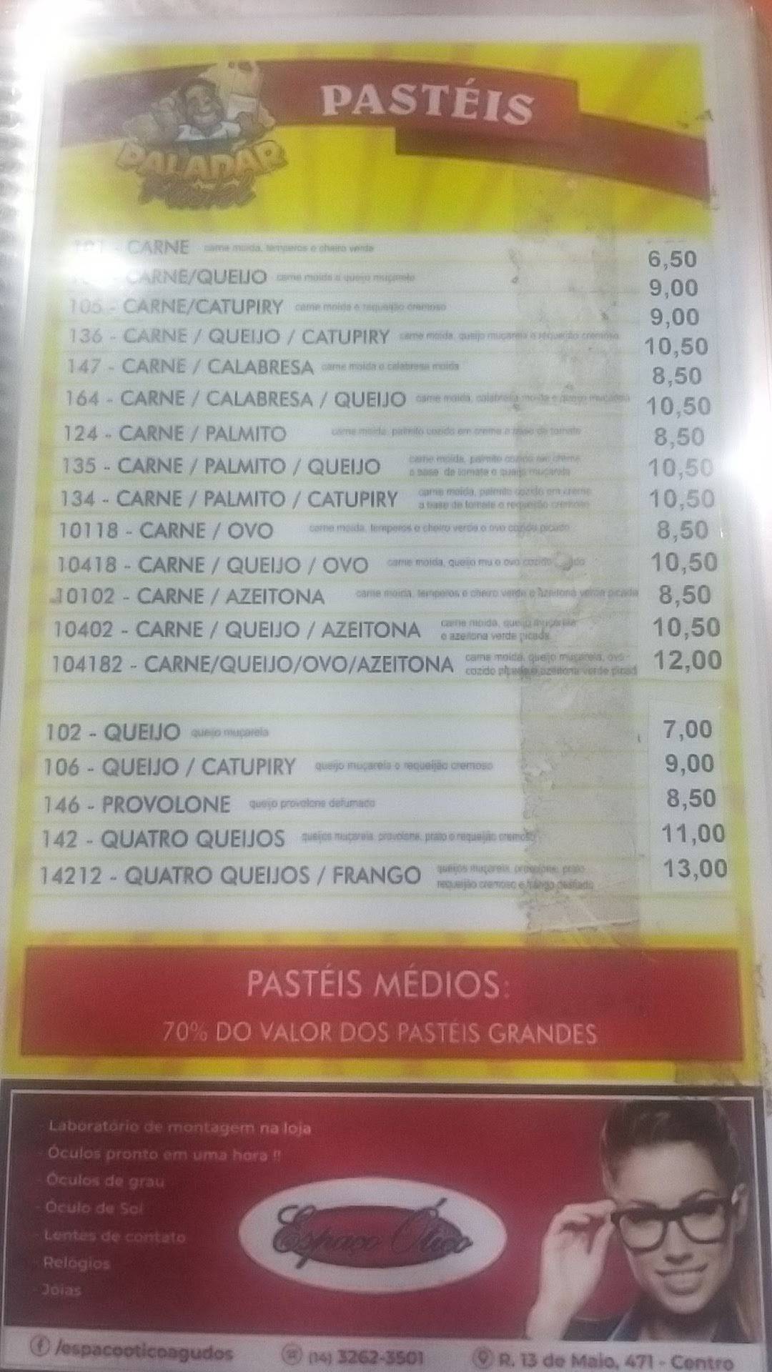 Paladar Pastel em Agudos cardápio