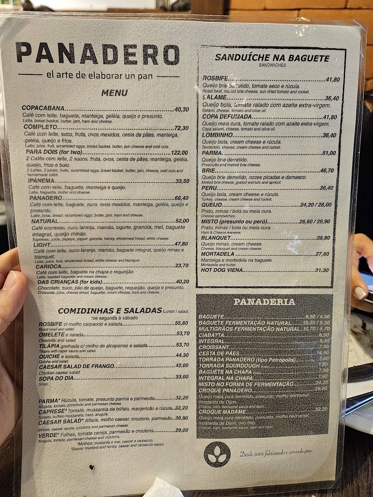 Panadero cardápio