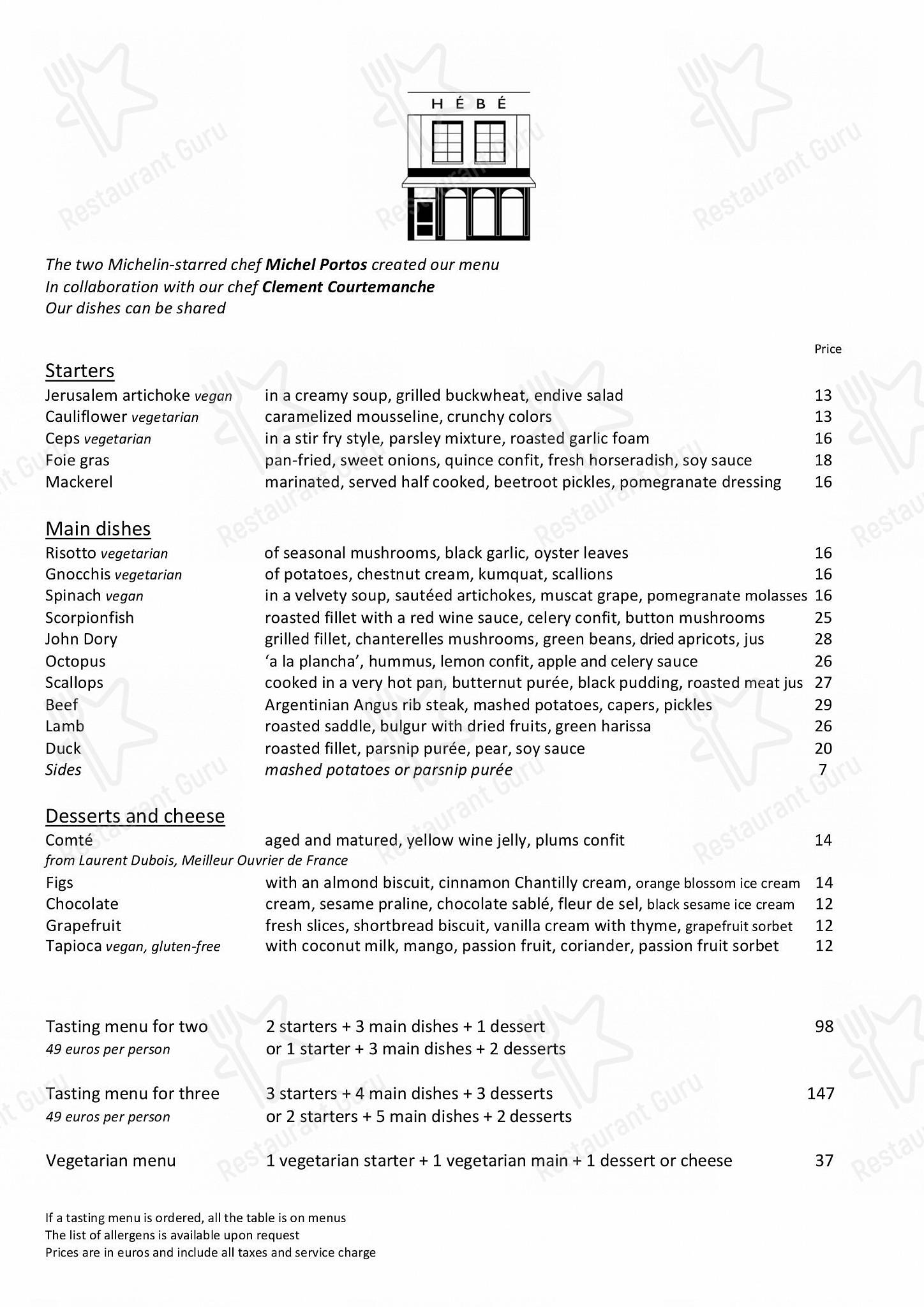 Menu pour HEBE restaurant - Paris - Dessert Menu