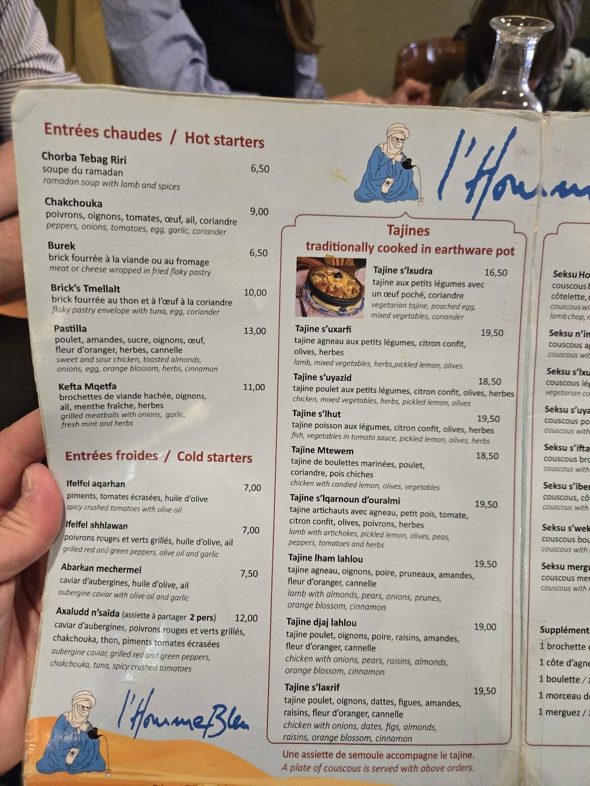 Menu de L'Homme Bleu