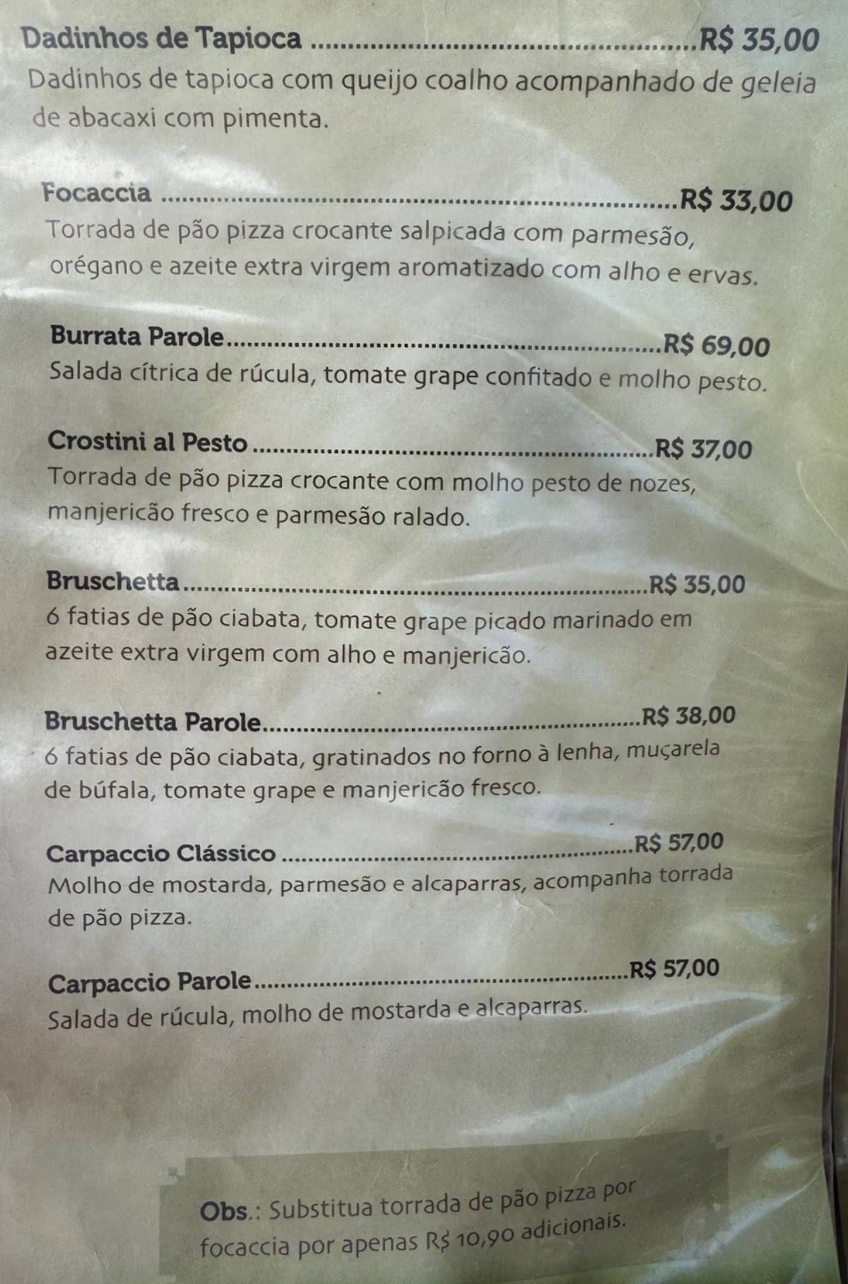 Parole gastronomia cardápio