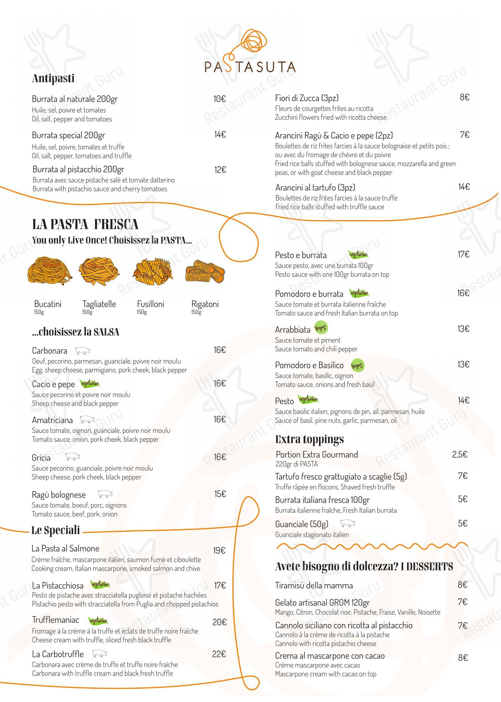 Menu pour Pastasuta - Menu