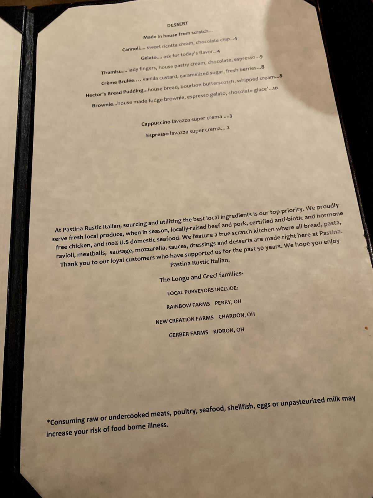 Menu at Pastina Rustic Italian Restaurant, Mentor