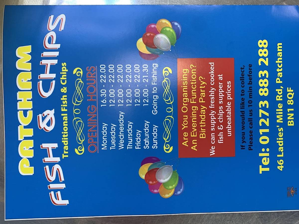 Menu at Patcham Fish & Chips Shop restaurant, Brighton