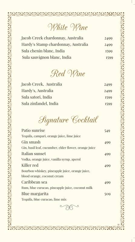 Patio Terrace menu