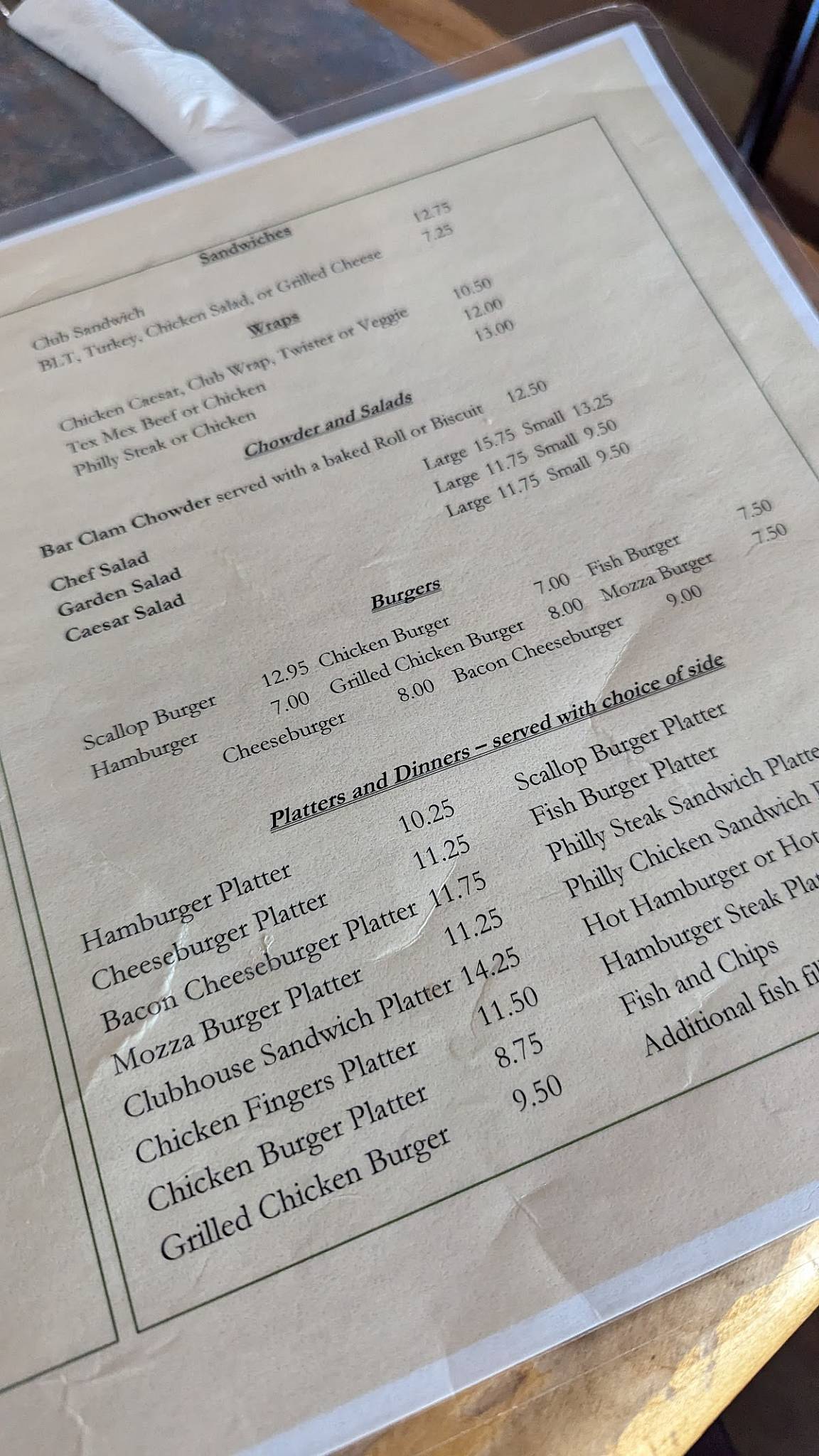 Menu at Peakes Tee restaurant, Canada, Gays Rd