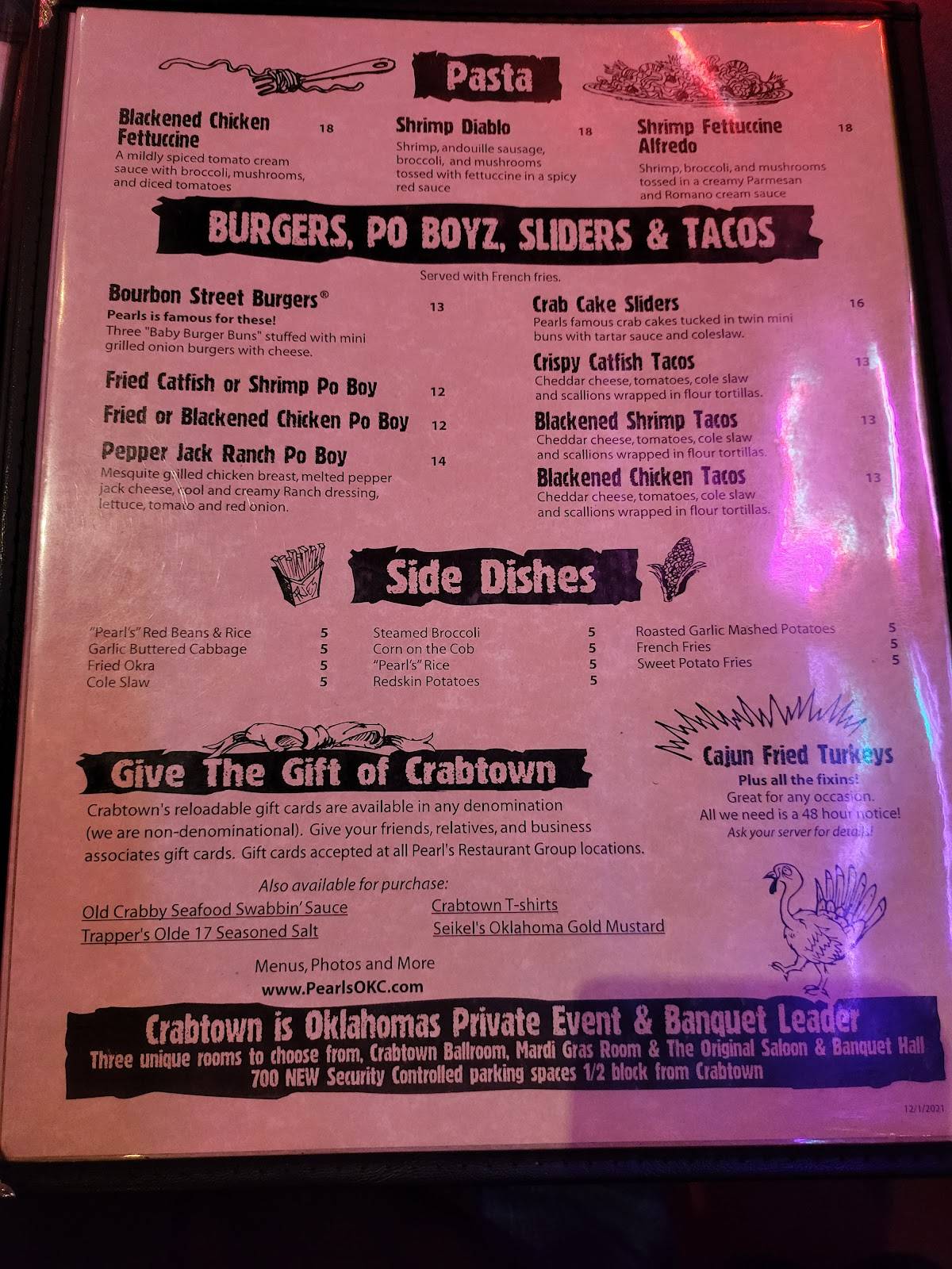 Menu at Pearl's Crabtown restaurant, Oklahoma City