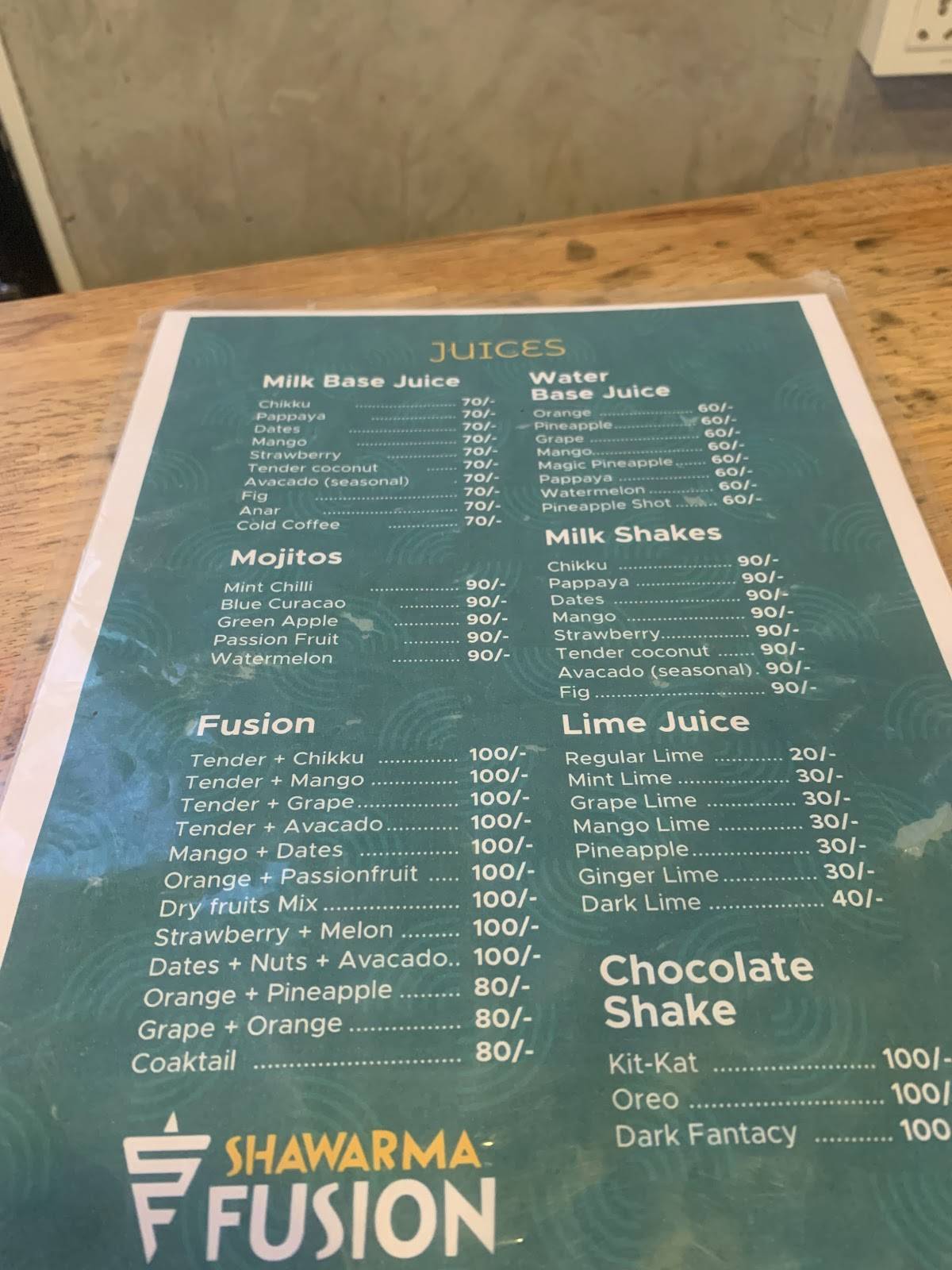Shawarma Fusion Pmna menu
