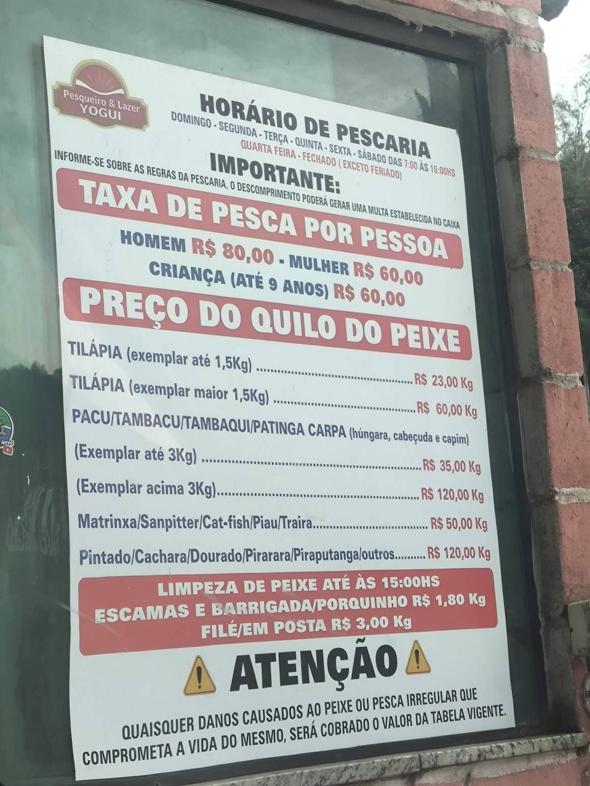 Pesqueiro Yogui cardápio
