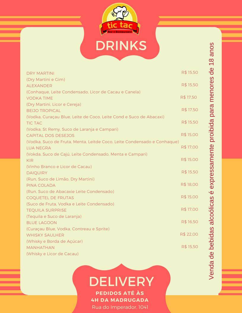 Tic Tac Restaurante e Bar cardápio