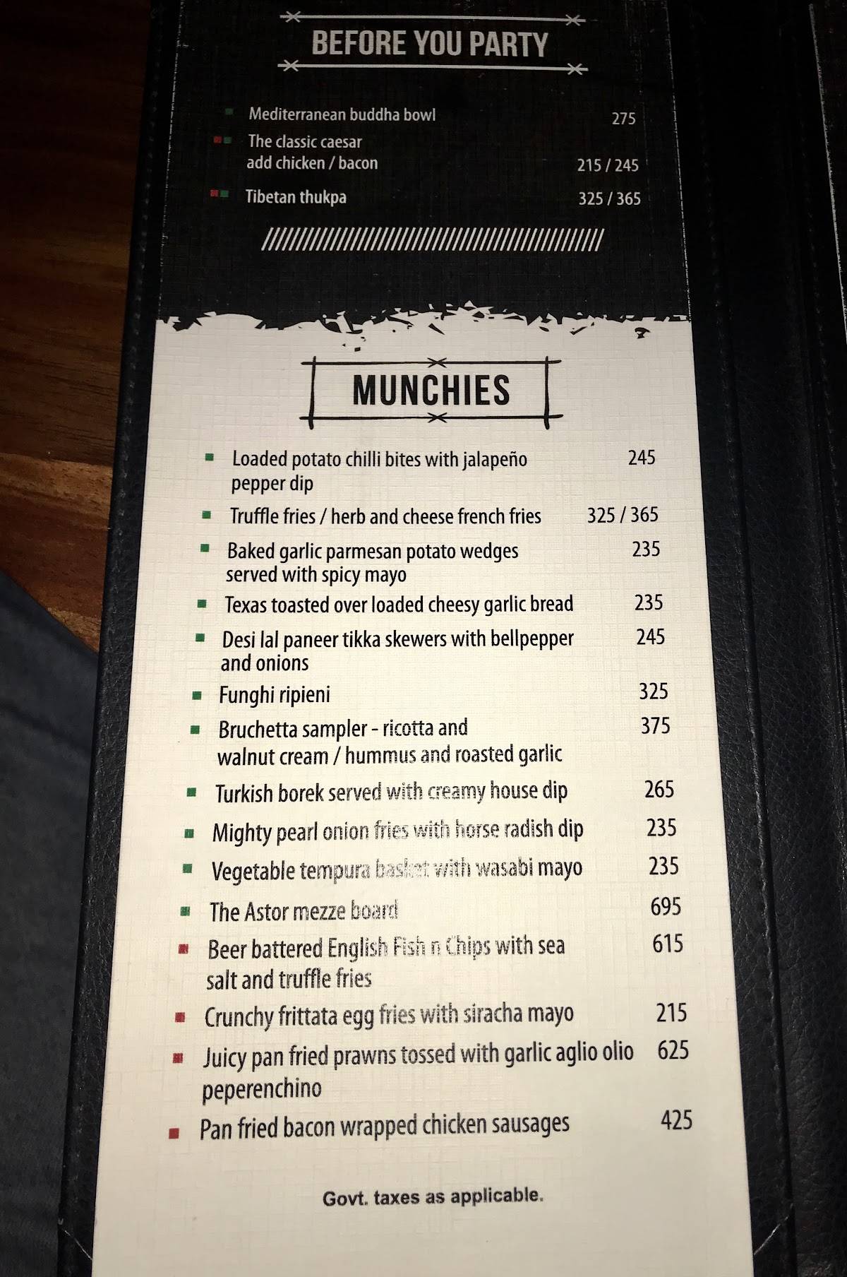 Phoenix Bar/ Club menu