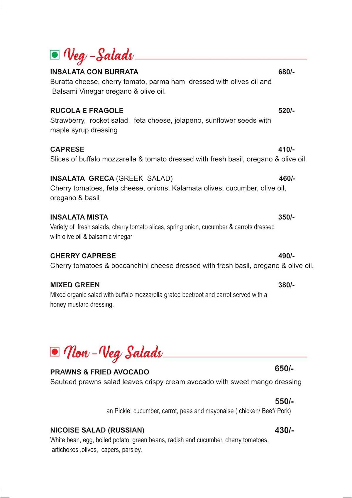 Piccola Roma Pizza menu