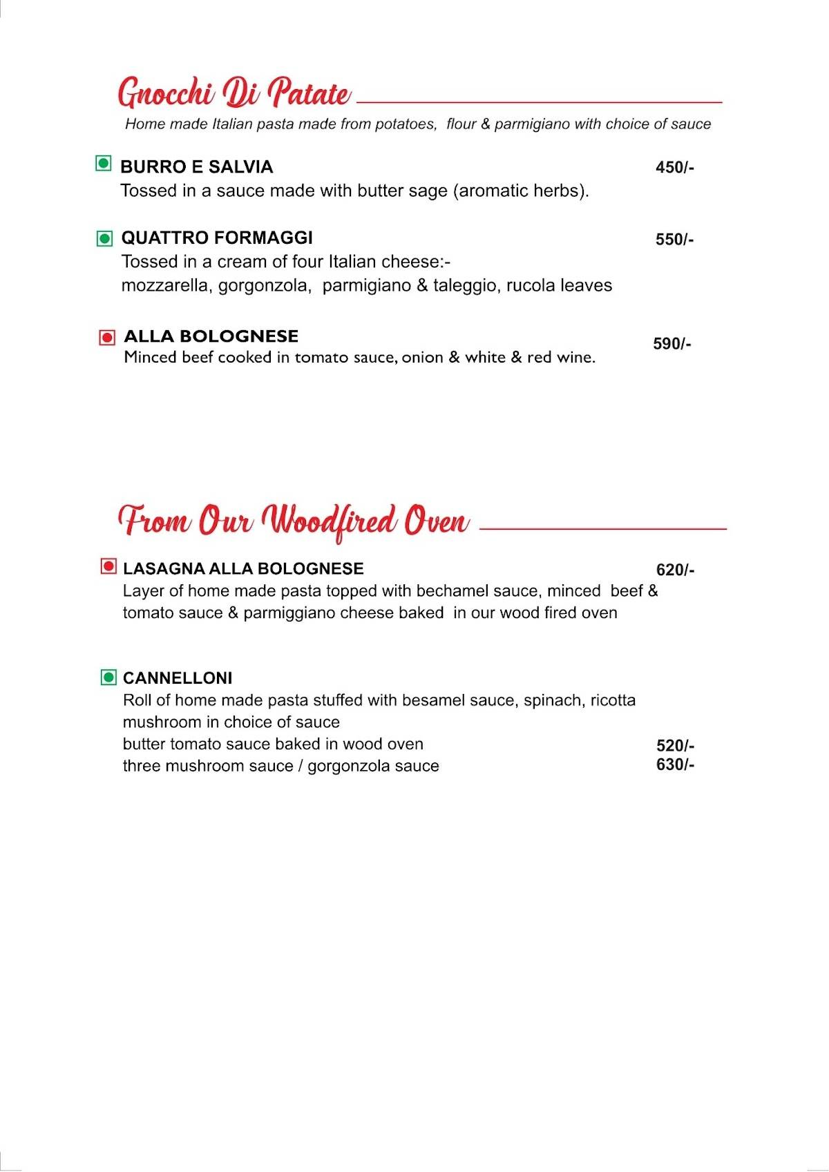 Piccola Roma Pizza menu