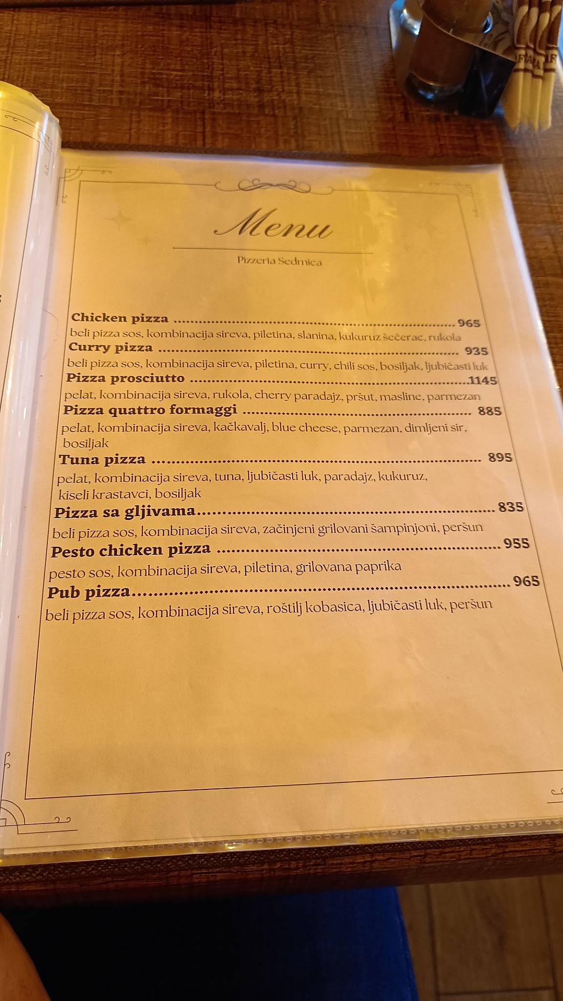 Menu at Picerija Sedmica restaurant, Novi Sad