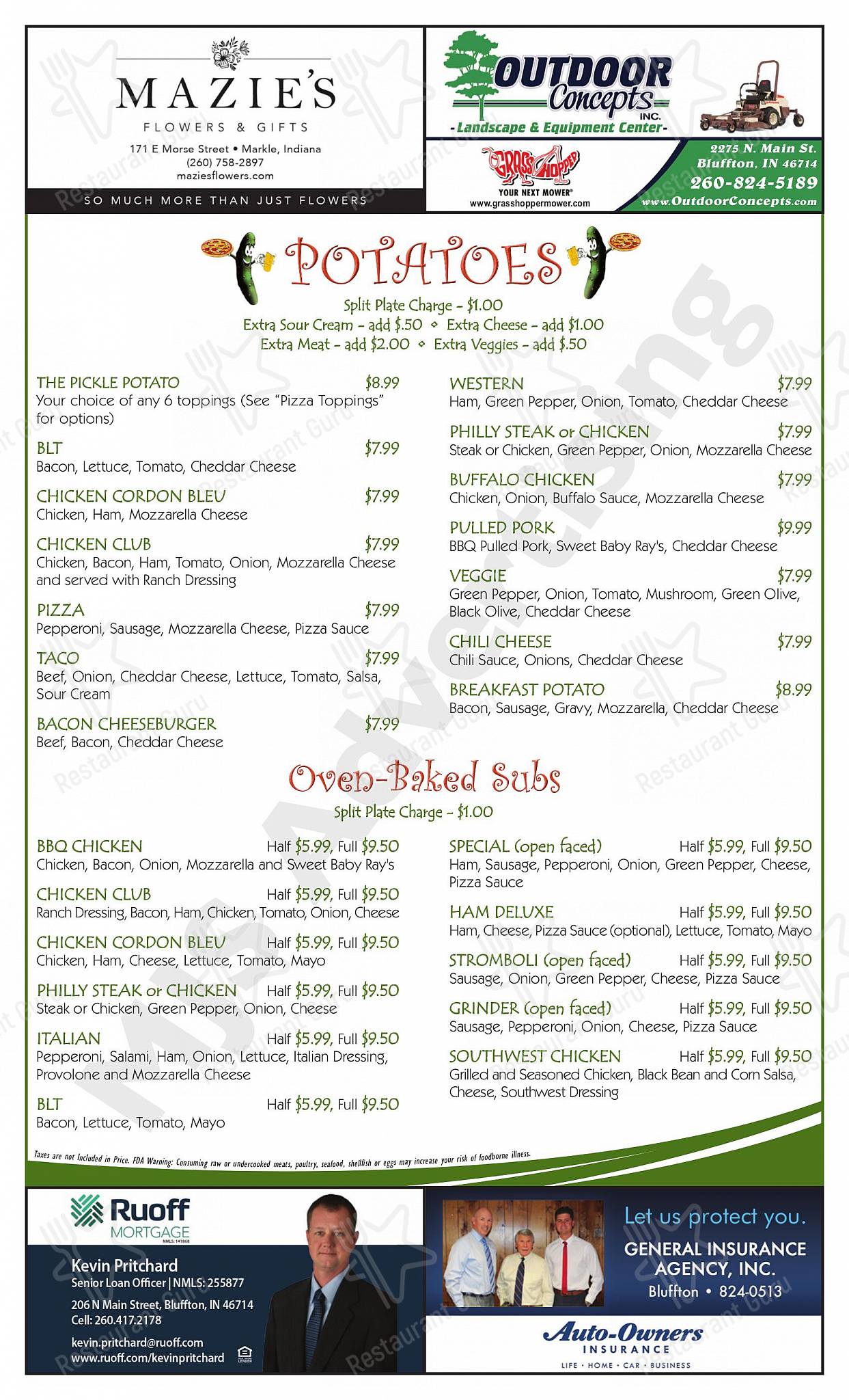 Menu at The Pickle steakhouse, Markle