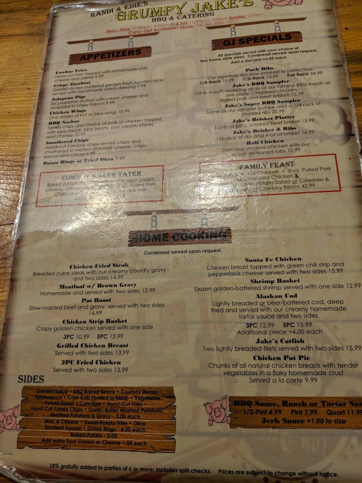 Menu at Grumpy Jake's BBQ & Catering, Pinetop-Lakeside