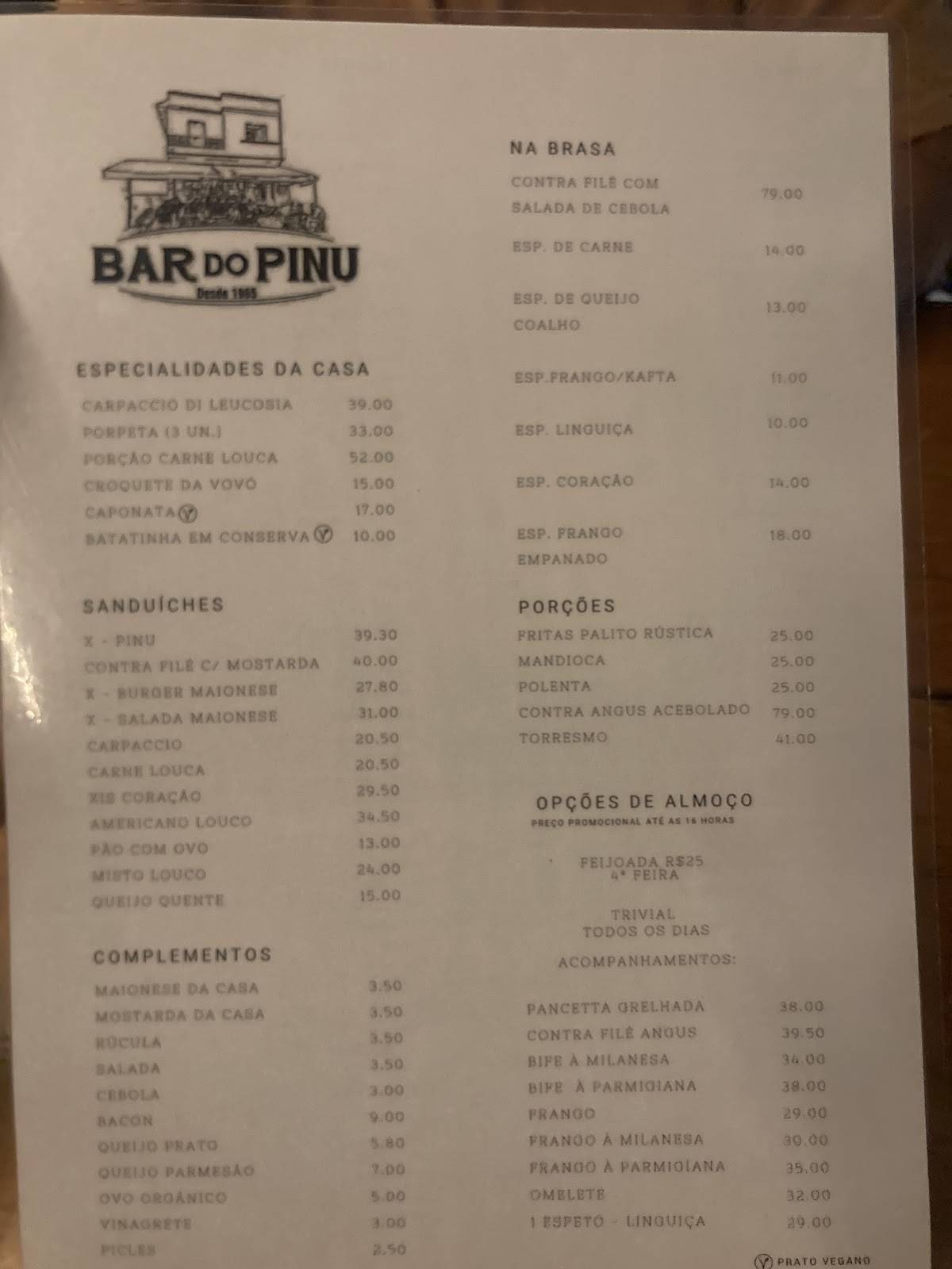 Bar do Pinu cardápio