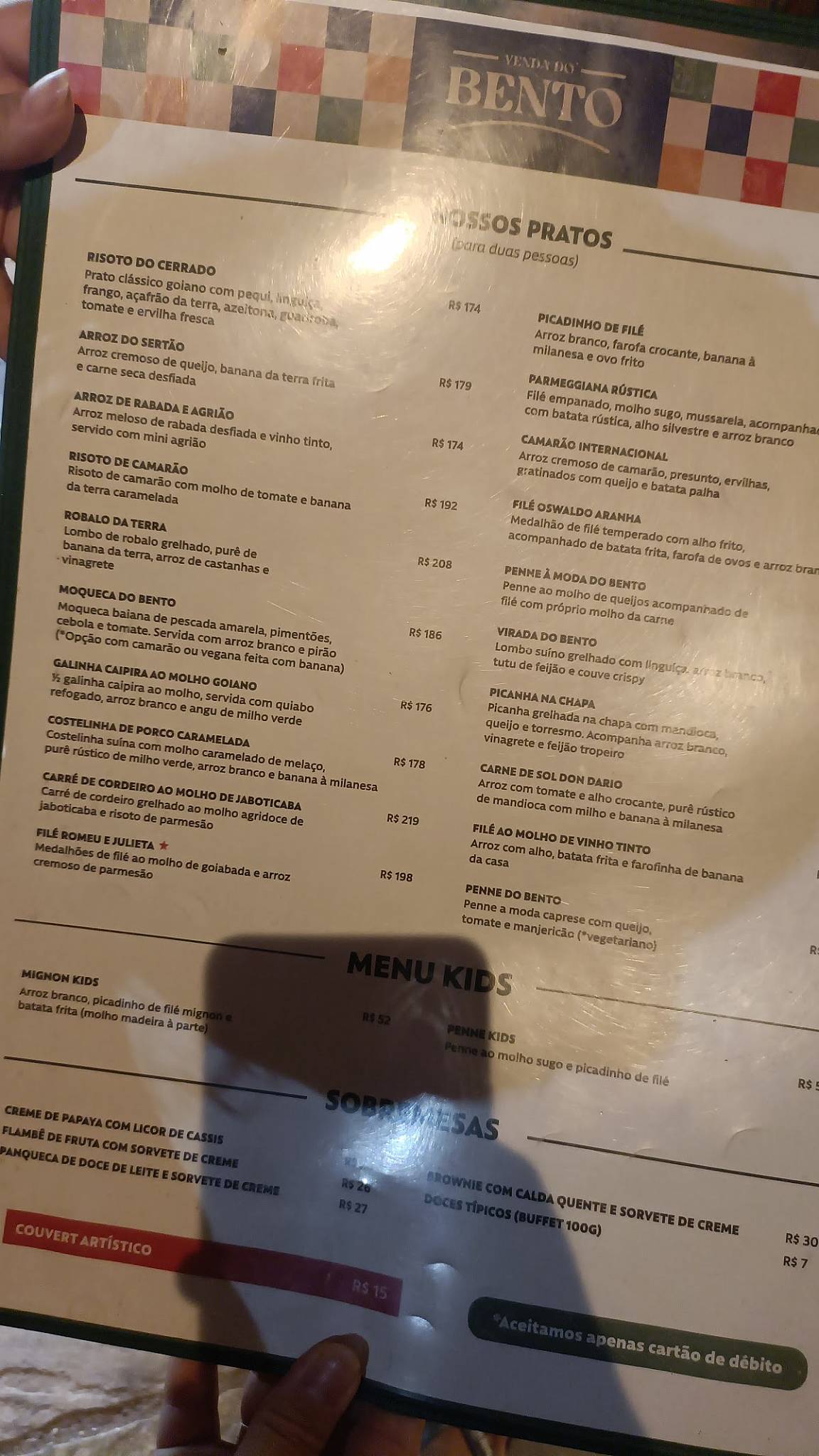 Venda do Bento cardápio