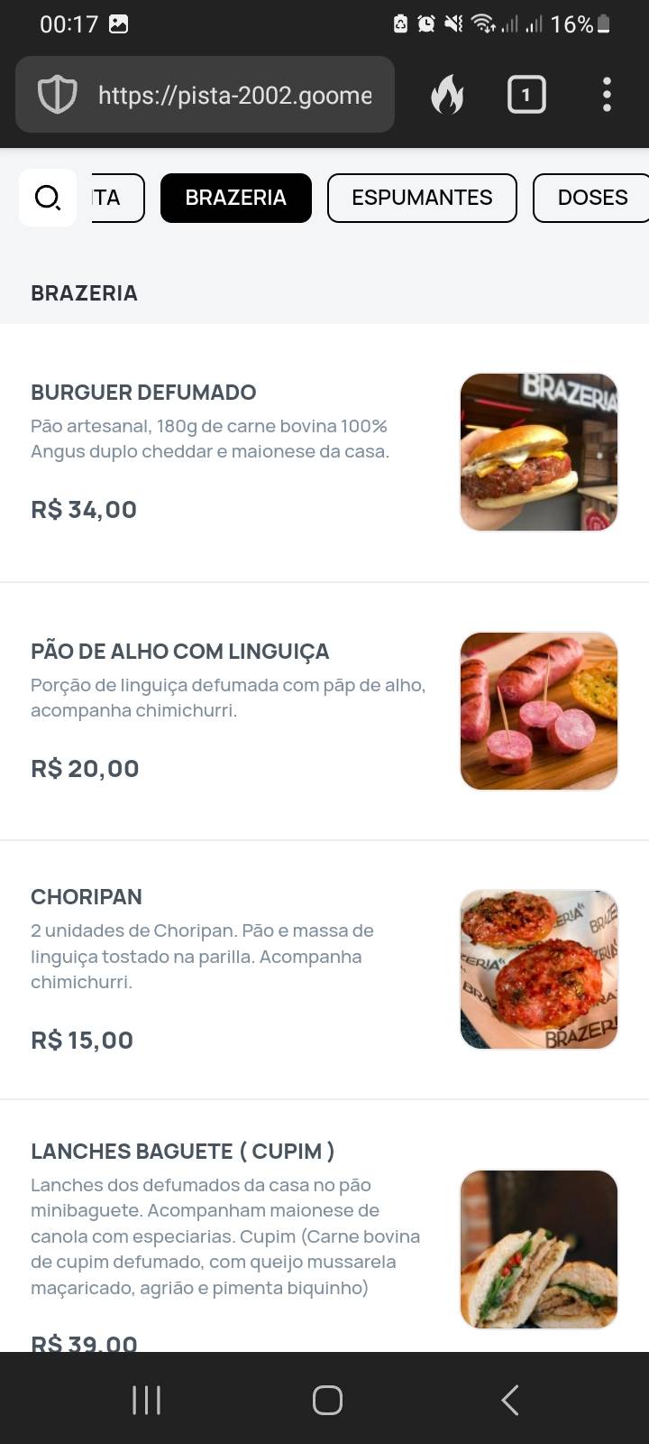 Písta 2002 cardápio