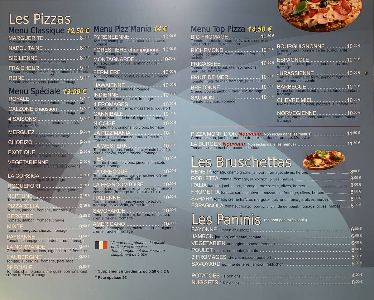 Menu de Pizz'Mania