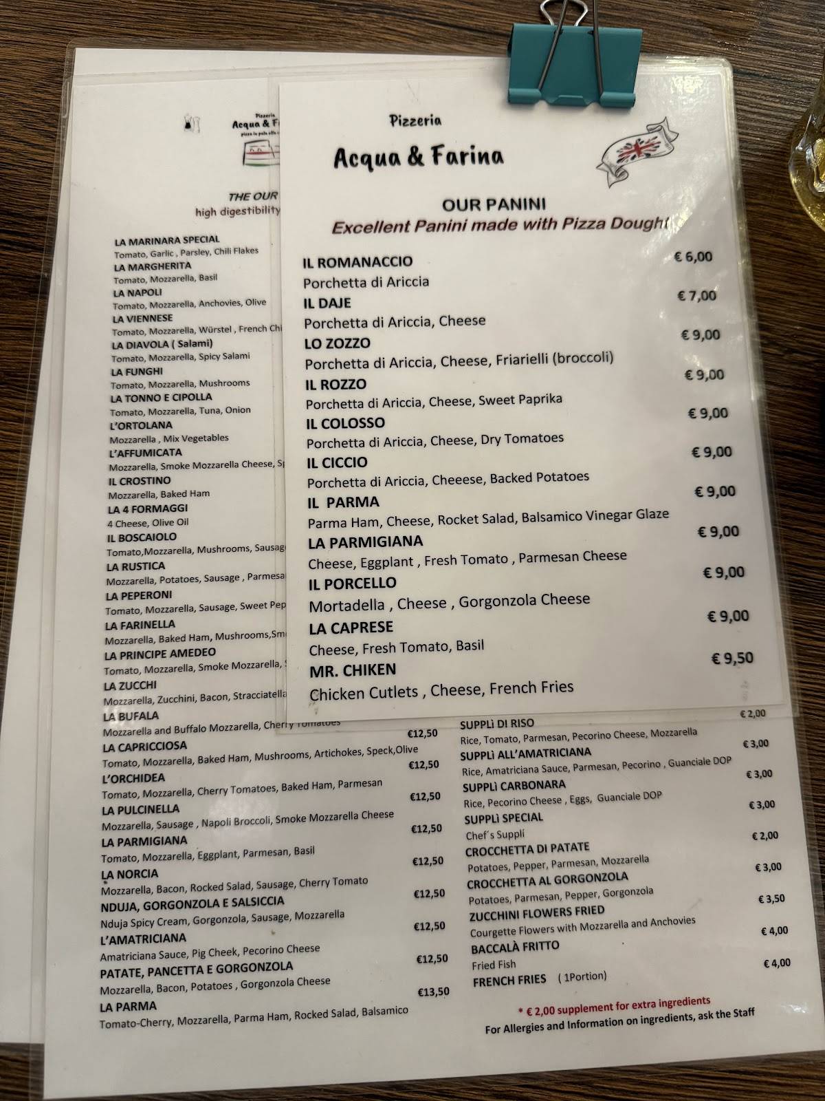 Menu di Pizzeria Acqua & Farina 