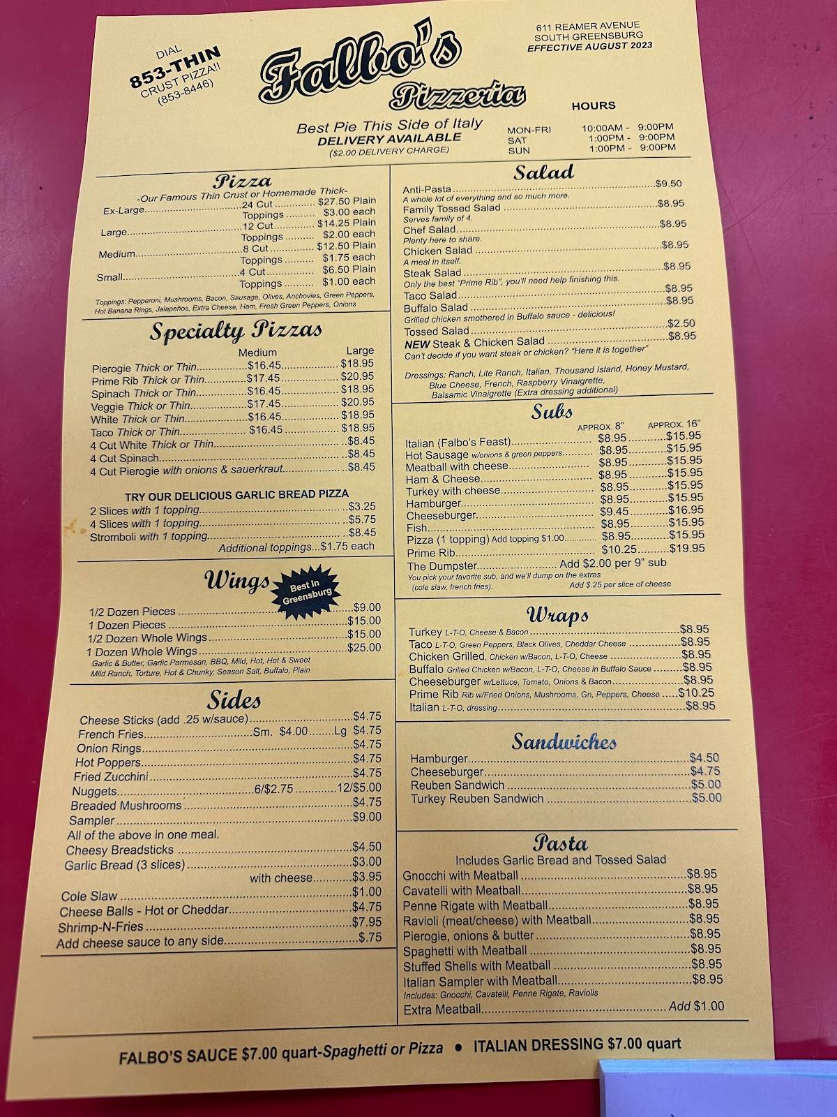Menu at Falbos Pizzeria, Greensburg