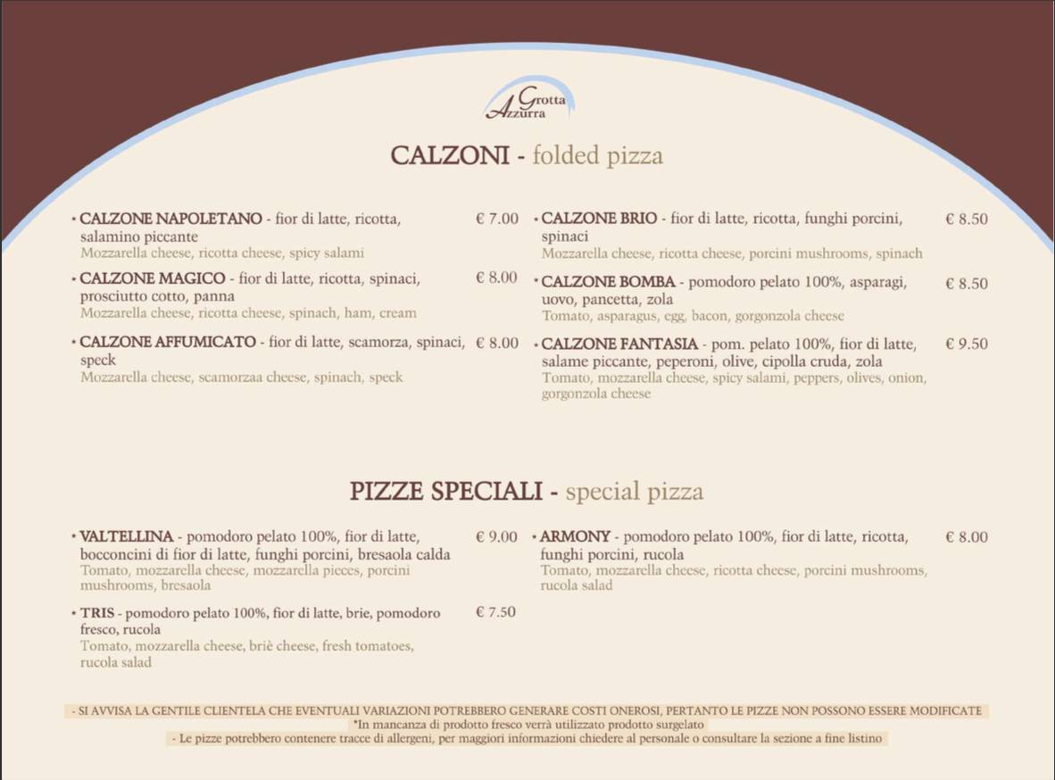 Menu di Pizzeria Grotta Azzurra 