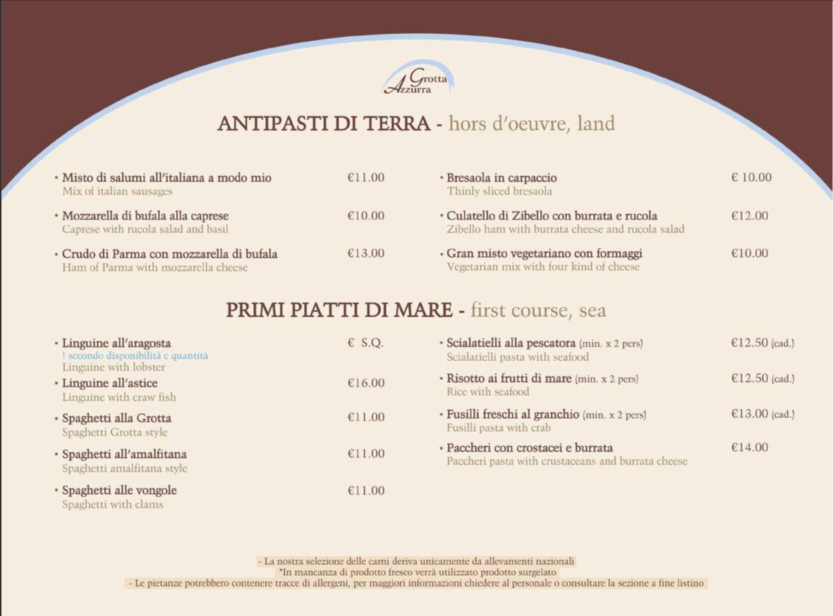 Menu di Pizzeria Grotta Azzurra 