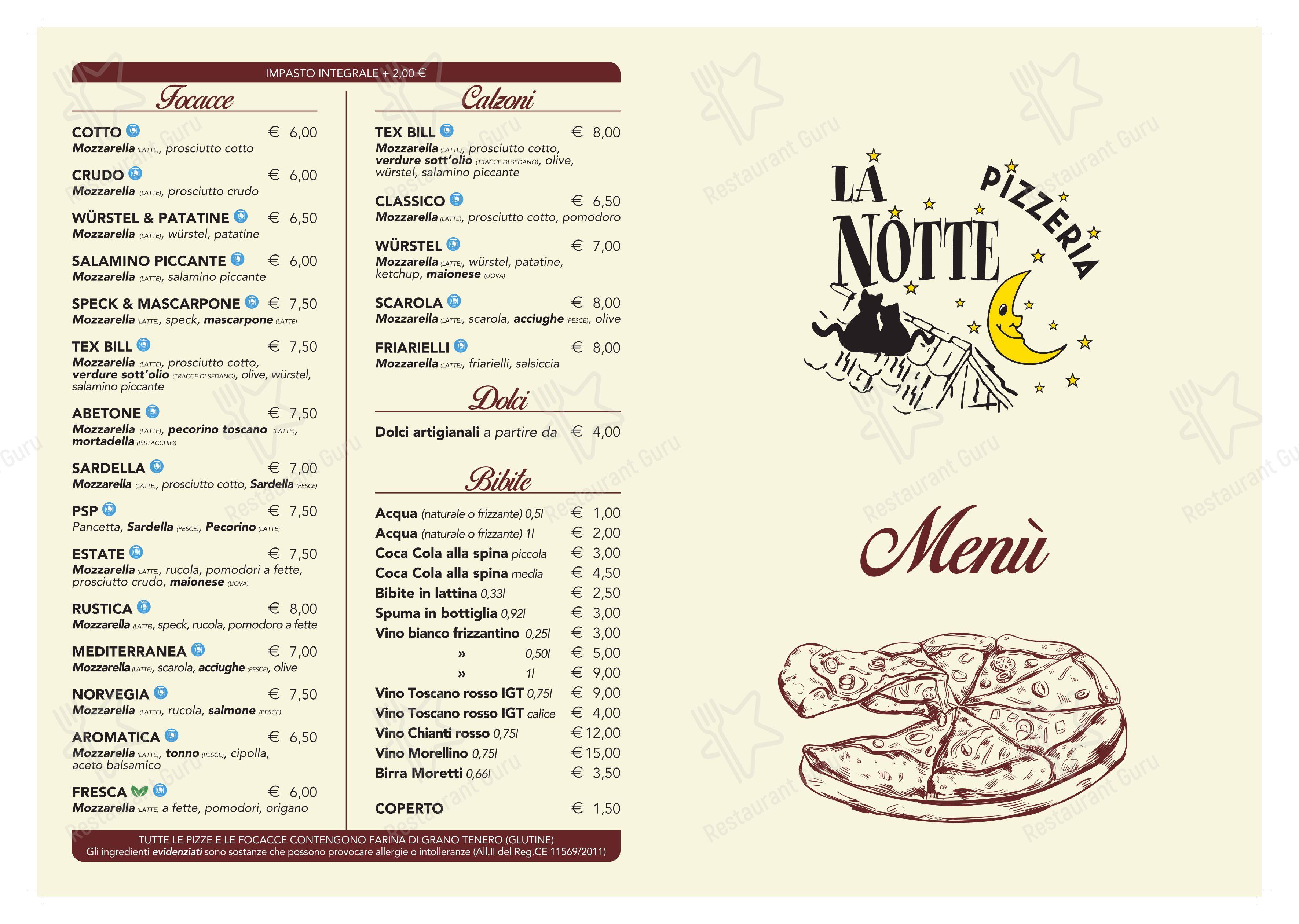 Menu per Pizzeria La Notte ristorante