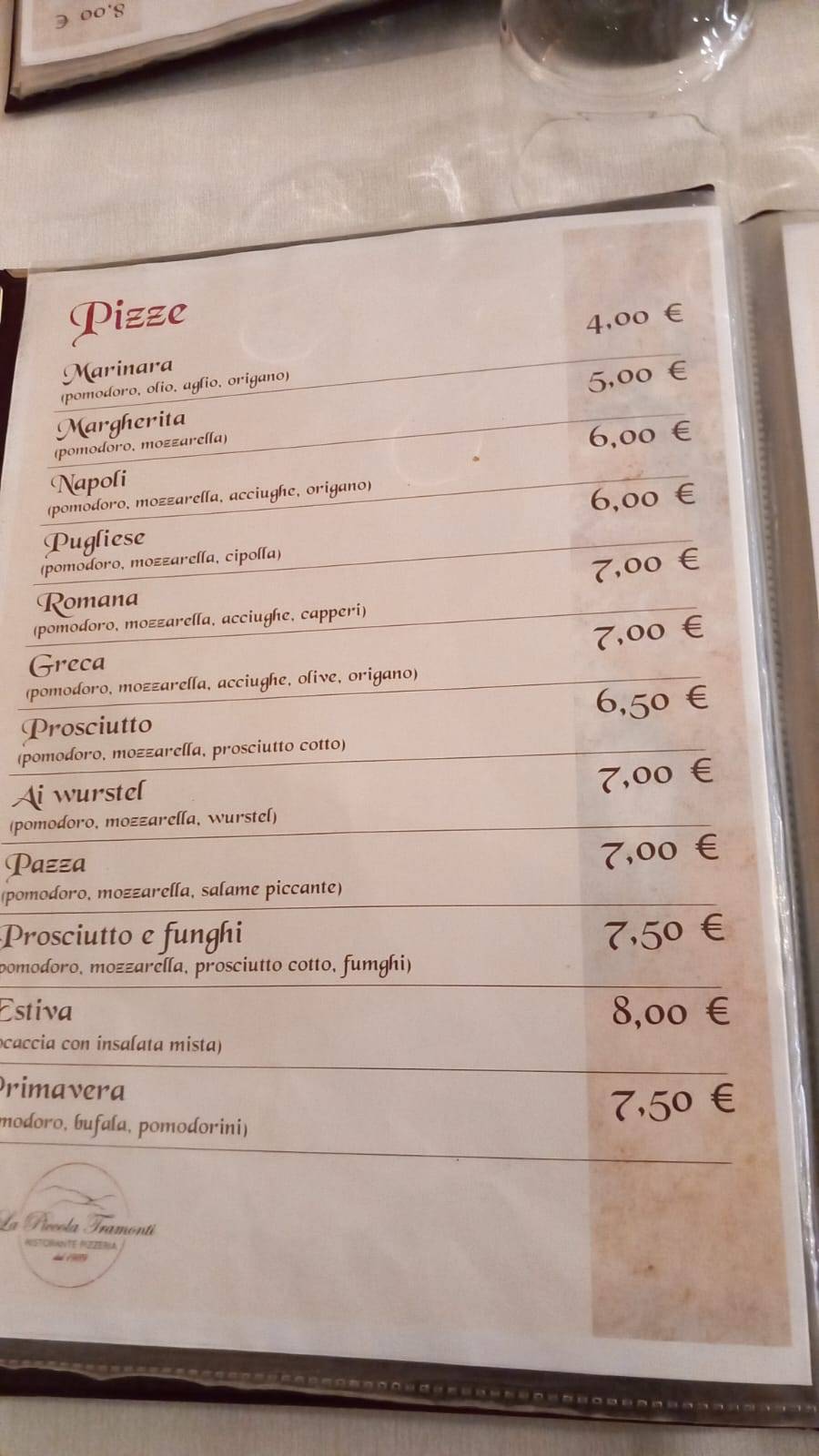 Menu di Pizzeria La Piccola Tramonti 