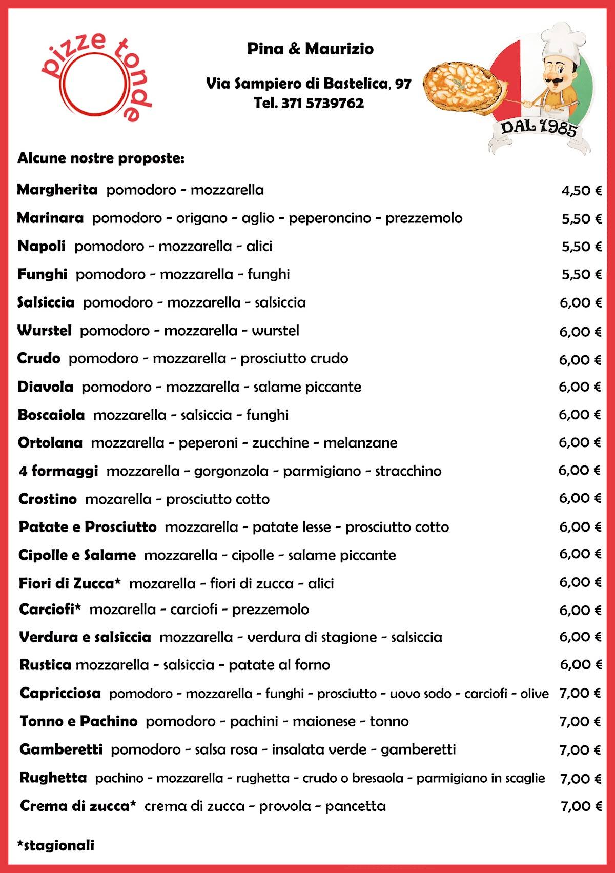 Menu di Pizzeria Pina e Maurizio dal 1985 