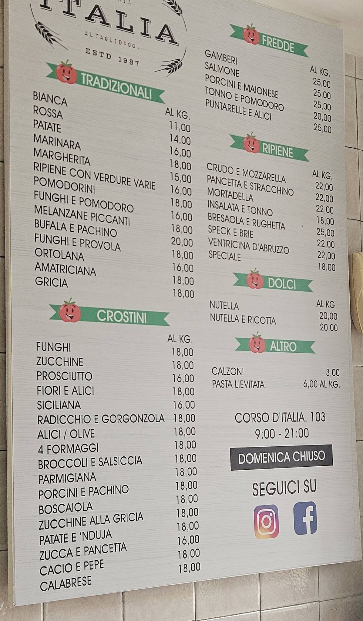 Menu di Pizzeria Italia dal 1987 