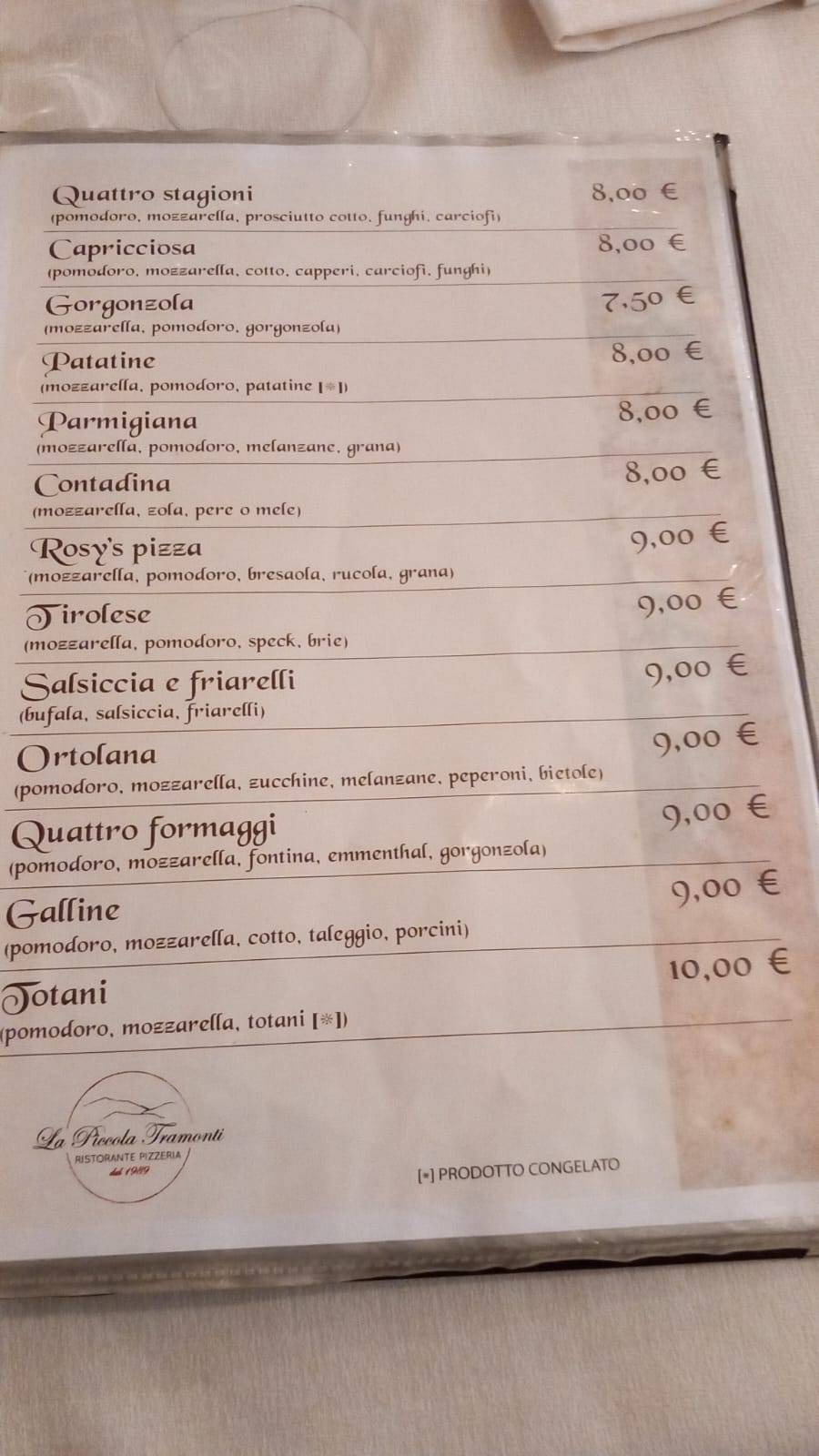Menu di Pizzeria La Piccola Tramonti 