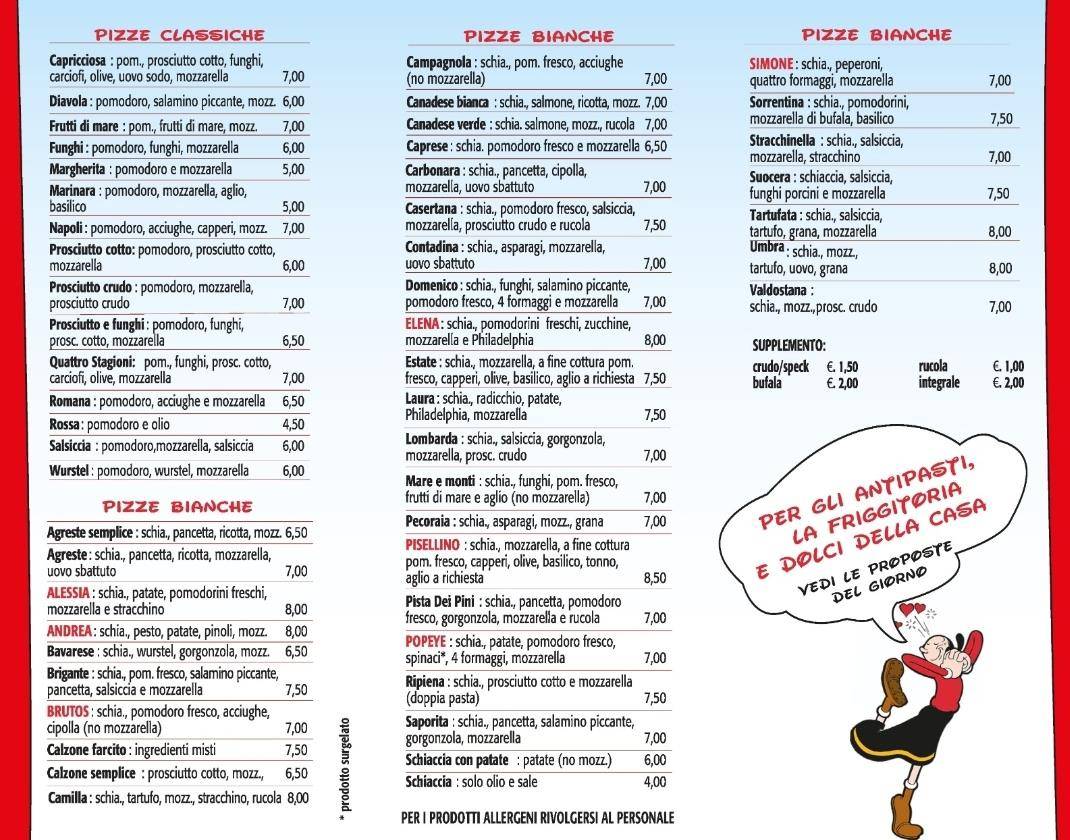 Menu di Pizzeria Popeye 