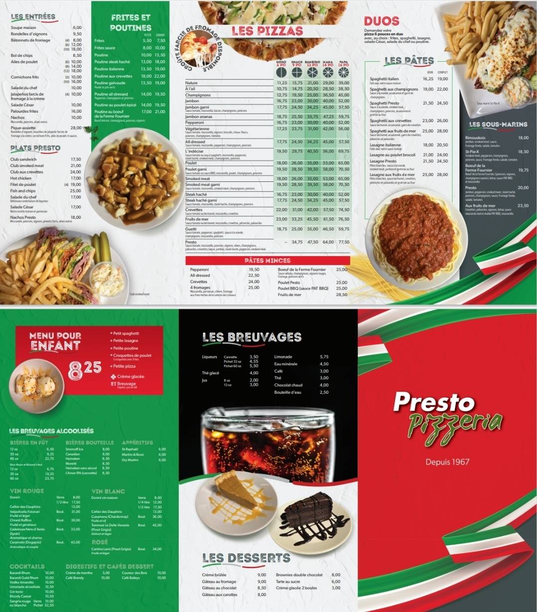 Menu de Presto Pizzéria