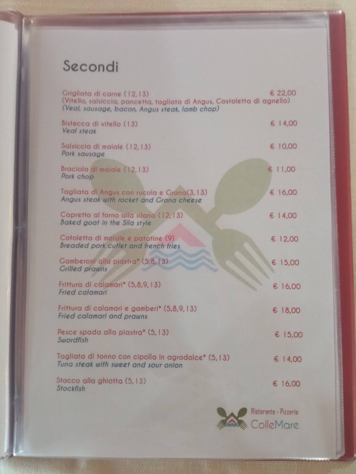 Menu di Ristorante pizzeria collemare 