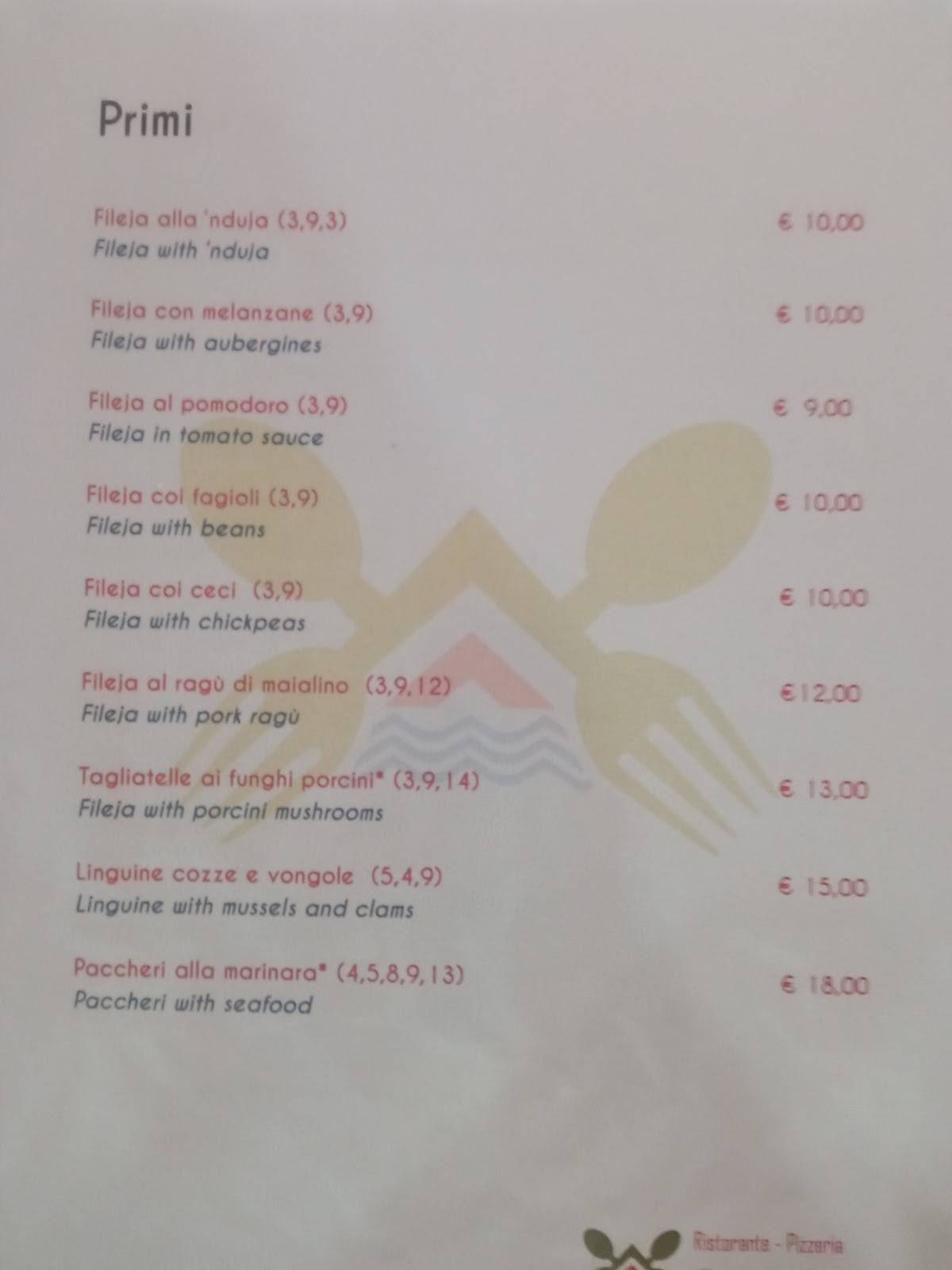Menu di Ristorante pizzeria collemare 