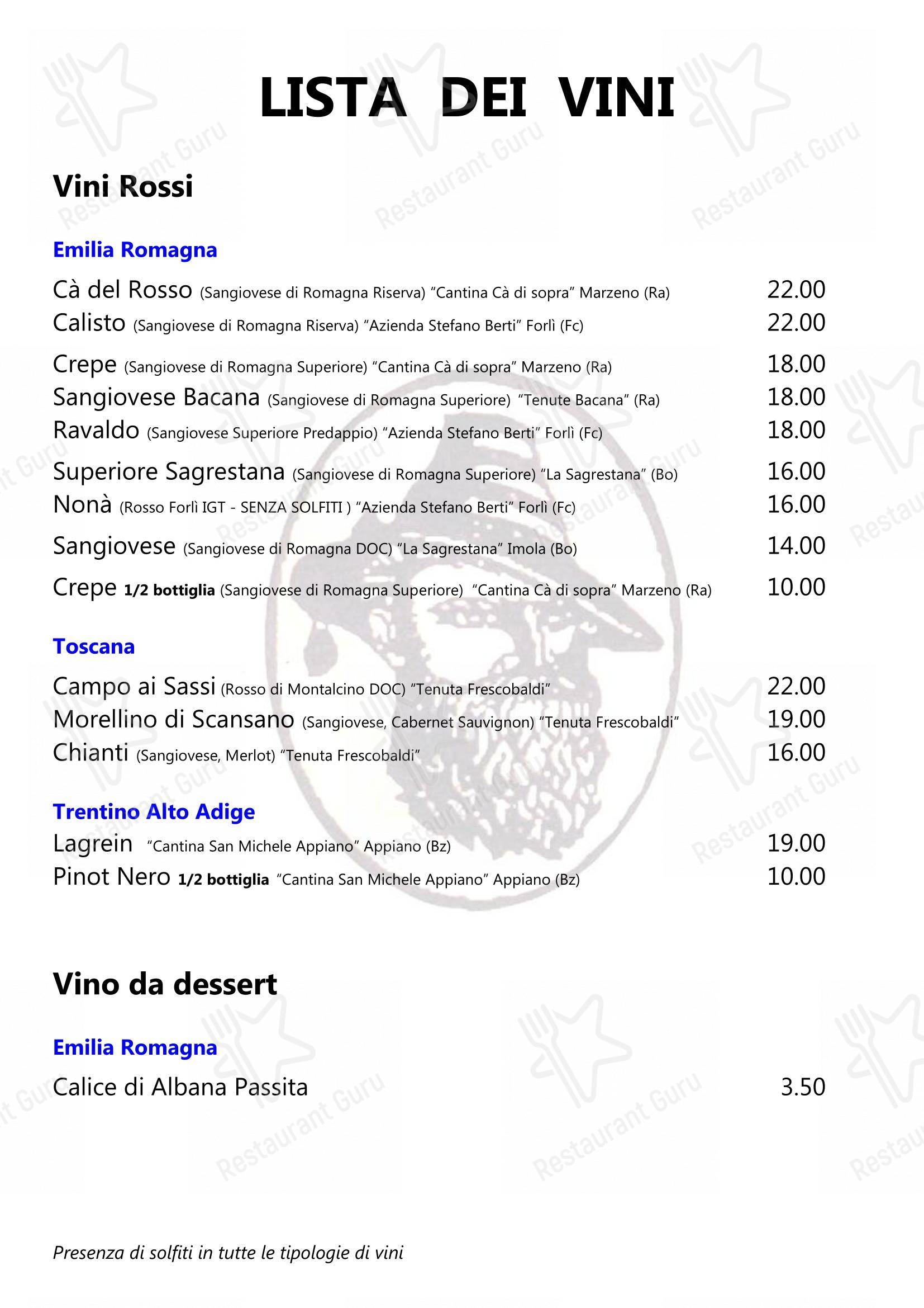 Menu bar per Pizzeria Ristorante Il Passatore in Riolo Terme