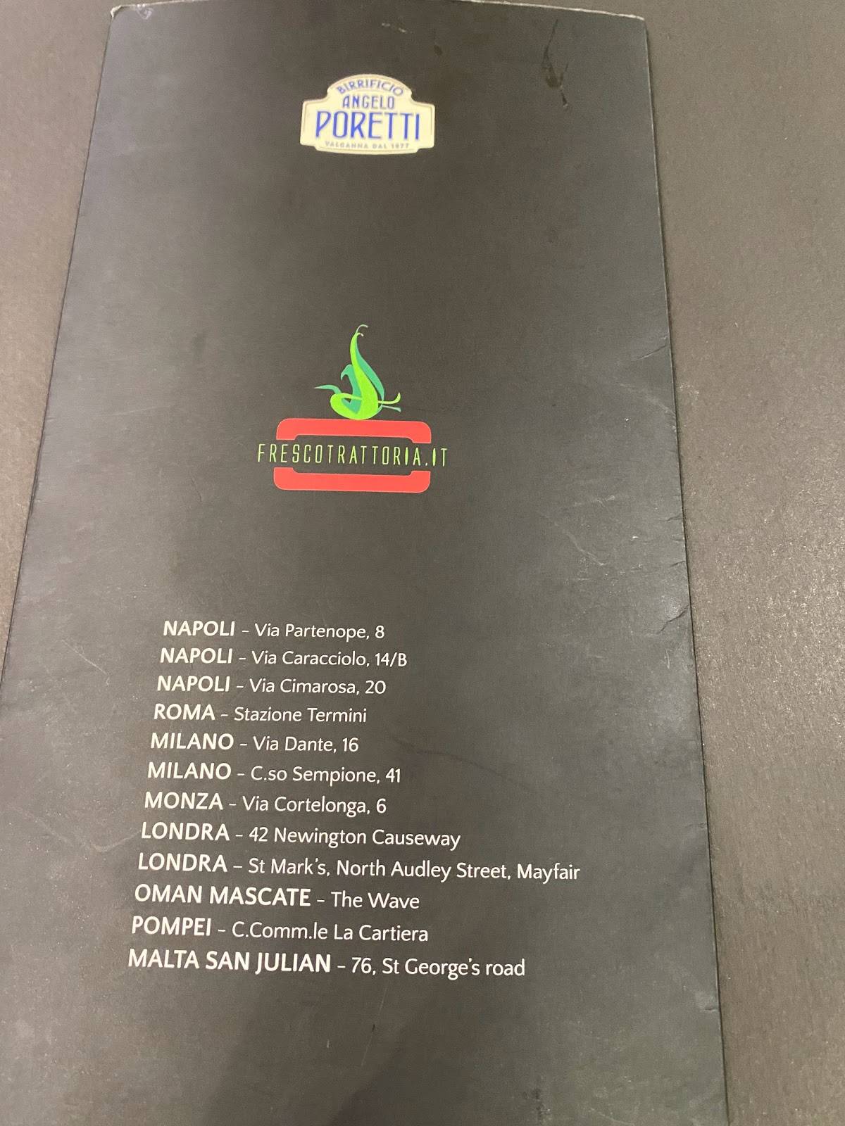 Menu di Fresco Trattoria Pizzeria Termini 