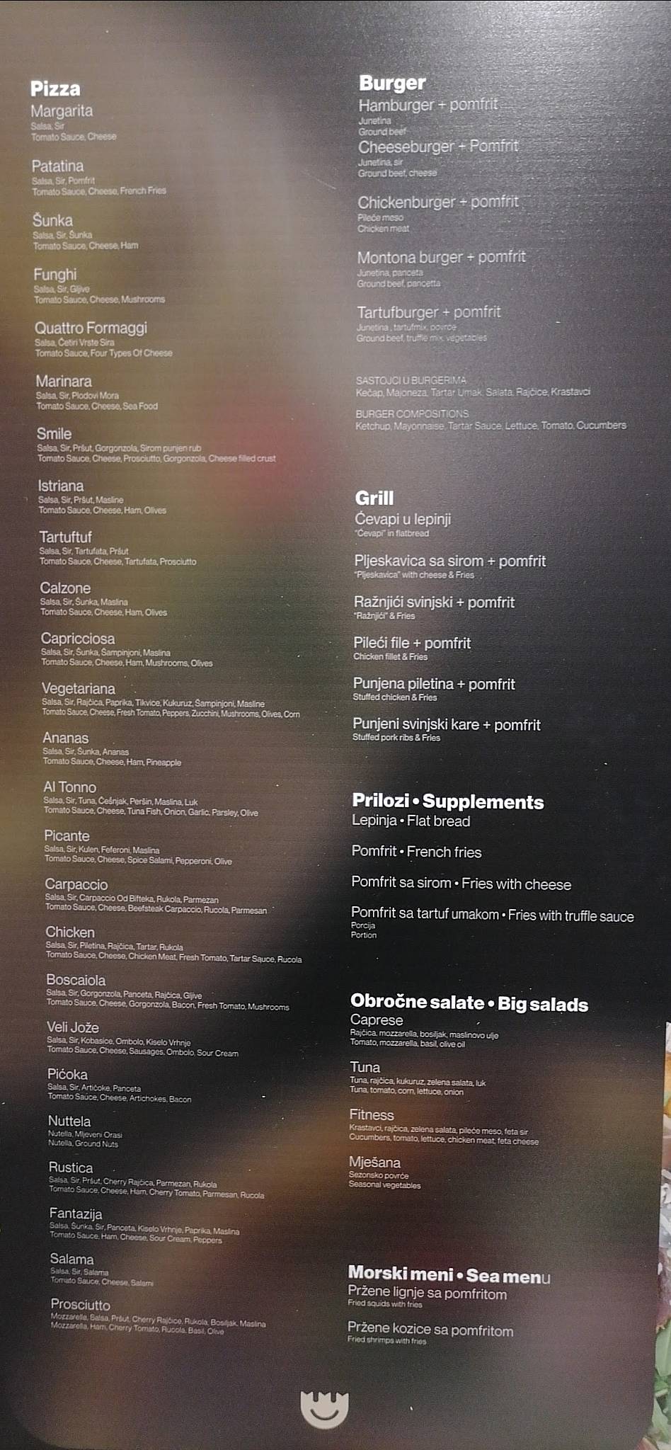 Menu di Pizzeria & Grill Smile Motovun 