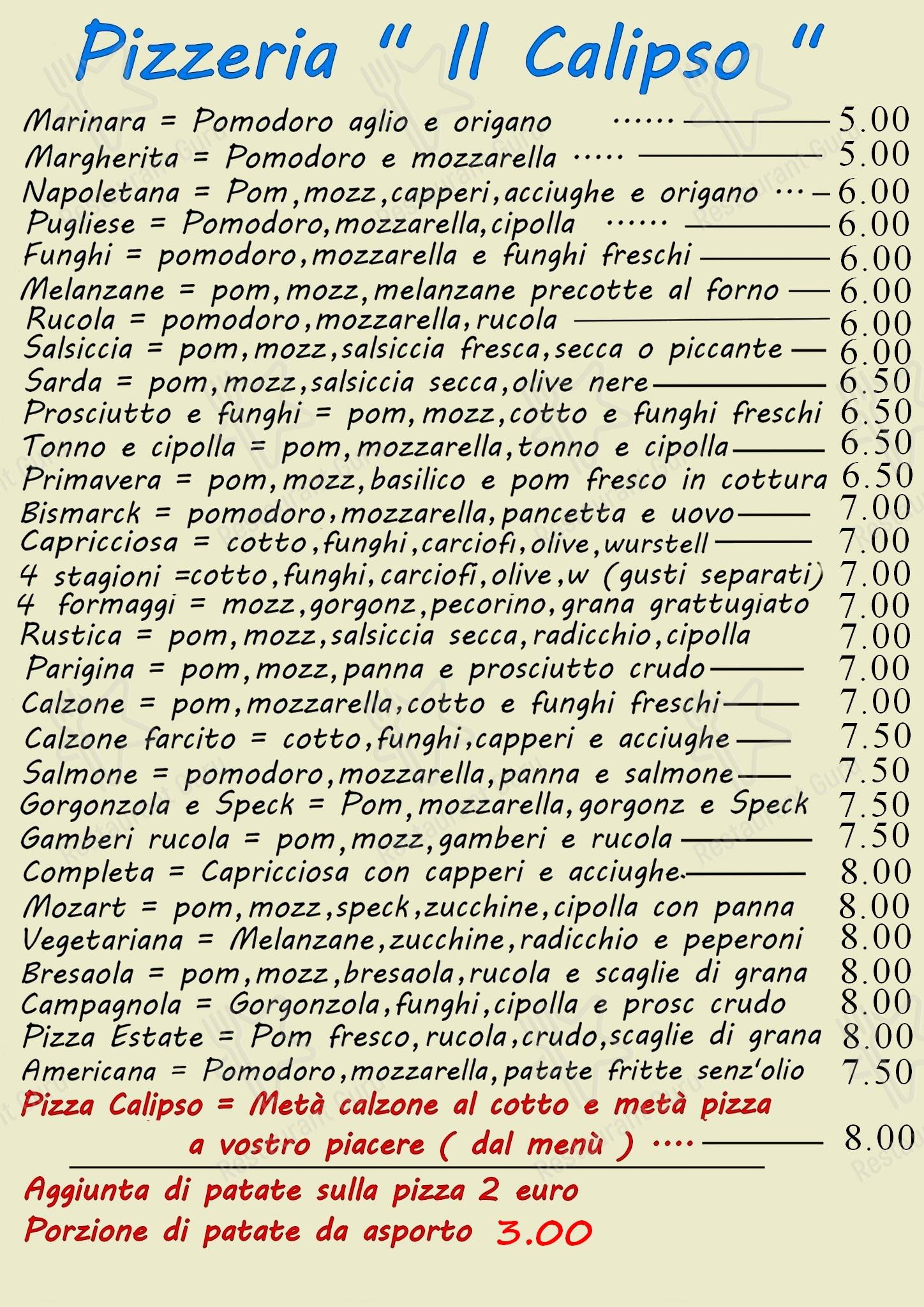 Guarda il menu di Pizzeria '' il Calipso '' di Giovanni & Iole