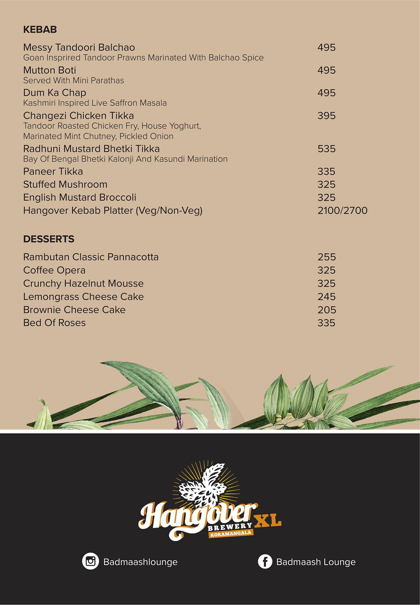 Plan B x Hangover XL Koramangala menu