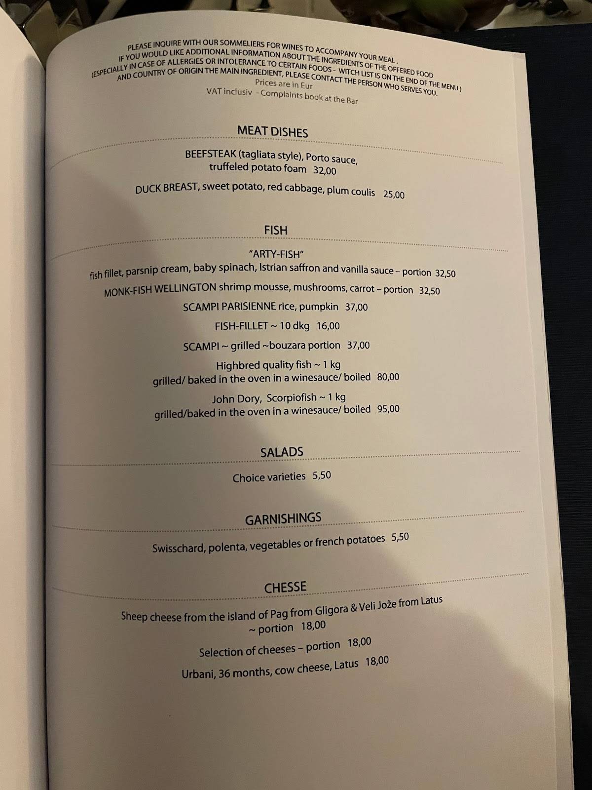 Menu di Plavi podrum 