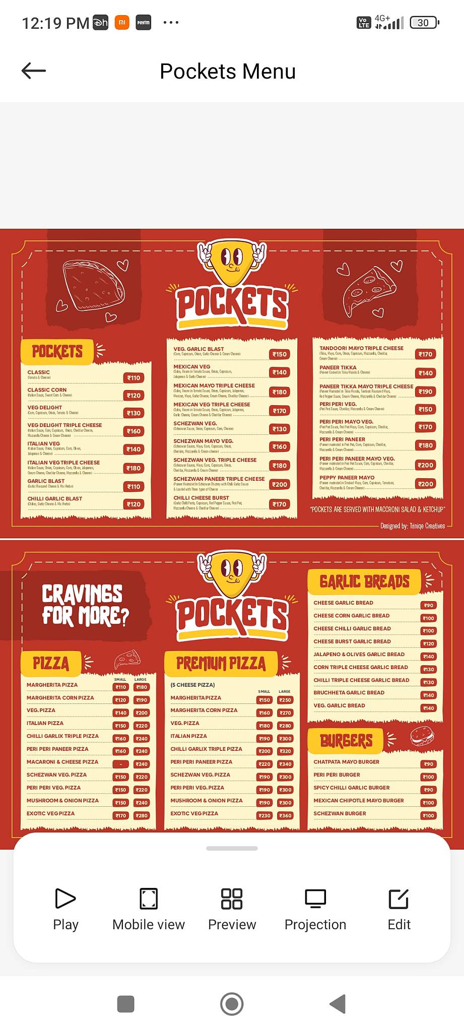 Pockets menu