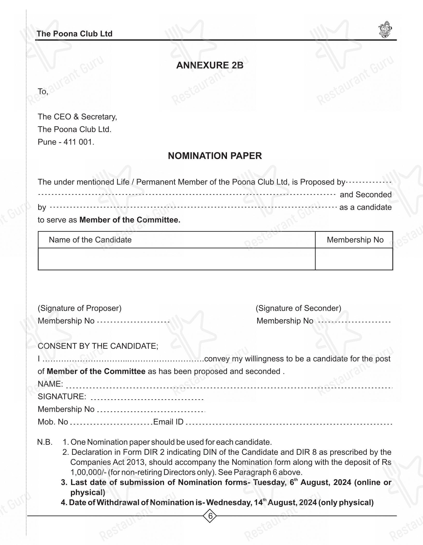 Poona Club in Pune - Menu bar