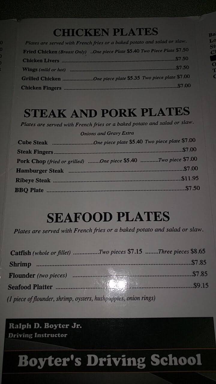 Menu at Pop's Diner restaurant, Honea Path