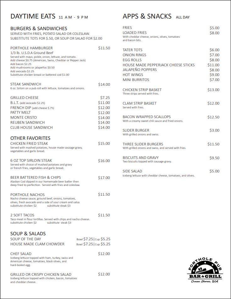 Menu at Porthole Pub Bar & Grill, Ocean Shores